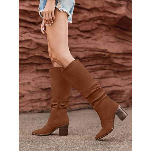 Size 7 Huiyuzhi Womens Pointed Toe Mid Chunky Heel Side Zipper Knee High Boots Tall Booties