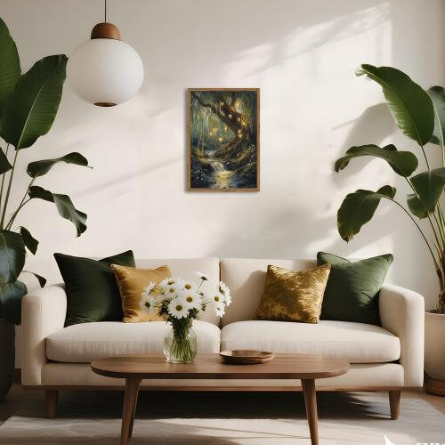 Vintage Forest Fairy Wall Art Whimsical Cottagecore Tree Fairy Wall Decor Painting Magical Landscape 3D Texture Hand Drawn Sandstone Artwork for Bedroom Living Room 12x16 inch Wood Framed