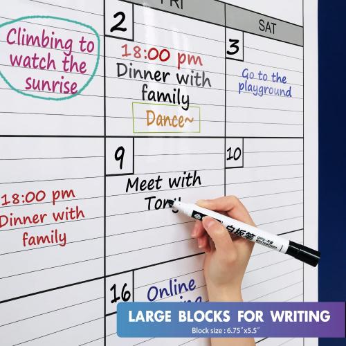 Dry Erase Monthly Extra Large White Board Calendar for Wall, 38 by 50, Jumbo Laminated Erasable One Month Whiteboard Calendar, Huge Oversized Blank 30-Day Poster with Lines and Squares