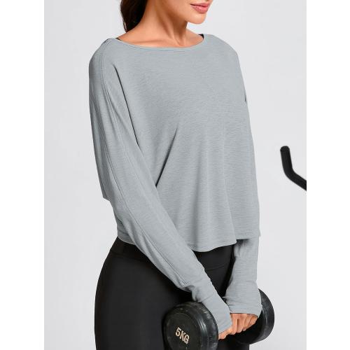 Size M... Womens Long Sleeve Workout Tops Athletic Shirts Cropped Crossover Back Loose Running Gym Tee with Thumb Holes