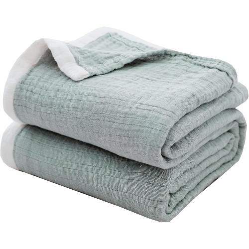 SE SOFTEXLY Cotton Muslin Blankets 4-Layer Linen Texture Blankets for Bed Couch,Thermal Blanket for Adults Lightweight Soft Breathable Throw Blanket for All Season Gauze Blanket(50x60,Sage Green)