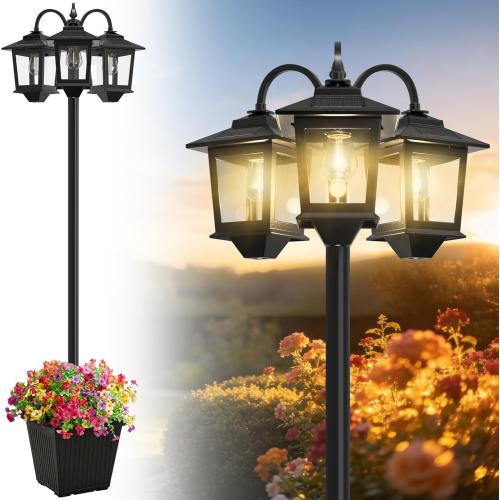 3-Head Solar Lamp Post with Planter, 74 Solar Light Flower Pot Lamp Post, 60Lm Waterproof Solar Light Poles for Outside, Garden, Patio, Yard, Driveway, Replaceable Bulb