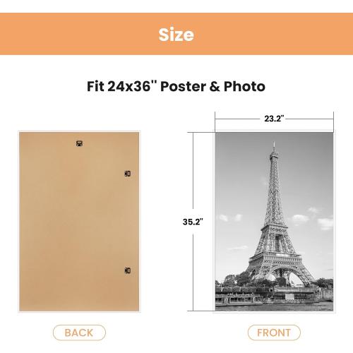 upsimples 24x36 Poster Frame White 3 Pack, Scratch-Proof Picture Frames 24 x 36 for Photo Gallery - Slide-In Strips, Horizontal or Vertical Wall Mounting