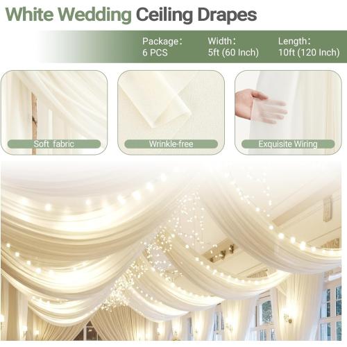 Size 5x30 6 Panels Ivory Ceiling Drapes with Lights String for Weddings Ceiling Drapes 5ftx30ft Wedding Draping Fabric Sheer Curtains Tulle Ceiling Drapery Wedding Decorations for Party Ceremony Stage Swag