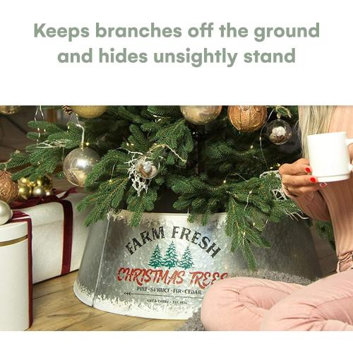 Galvanized Christmas Tree Collar - Adjustable Metal Skirt for Large to Small Trees - Distressed White, Standard Size - Christmas Decor