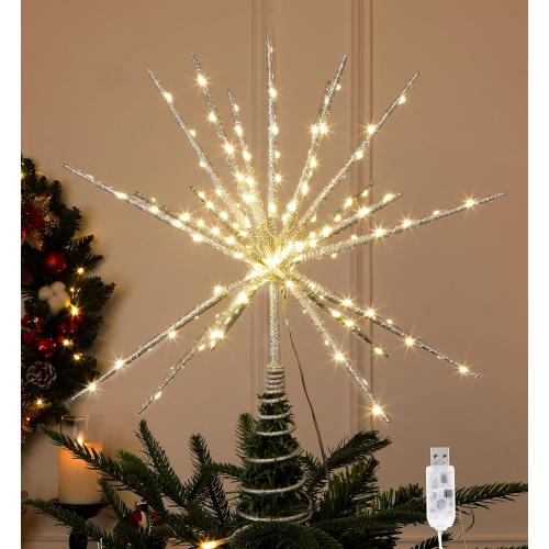 15 Inch Christmas Tree Star Topper with 150 LED Timer Lights & Remote, 19-Point USB Powered Lighted Silver Starburst Star Tree Topper for Indoor Holiday Party Xmas Tree Decor