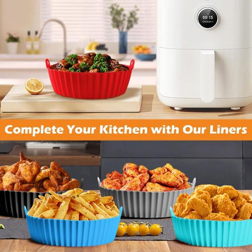 8 Inch Air Fryer Liners for Ninja AF100 AF101 AF141 AF150 AF161 XL (2 Pack) Black & Cyan Silicone Liners with Handles for 3–6 QT AirFryer COSORI, Gourmia and more – Reusable Nonstick Inserts