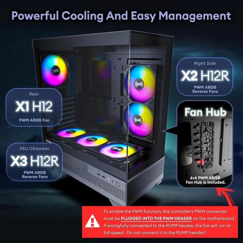 Okinos Aqua 7, Pre-Installed 6 × 120mm PWM ARGB Fan, ATX Mid Tower PC Case, Computer case with Panoramic View Tempered Glass Front & Side Panel, Type C Port, Gaming PC Case, Black