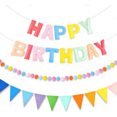 CANREVEL Pre-Strung 3D Happy Birthday Banner, 3 PCS Happy Birthday Felt Garland, Pom Pom Garland, Triangle Fabric Garland Bunting, Reusable Birthday Decorations for Women Men Girls Boys, Pastel