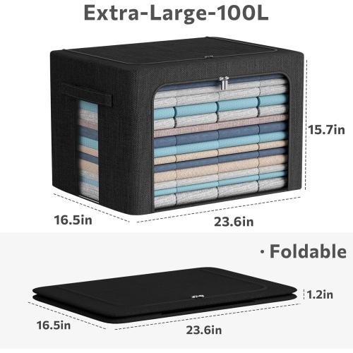 CYhom 3Pack Foldable Storage Bins - Frame Storage Box Linen Fabric Stackable Clothes Container Organizer with Clear Window & Carry Handles Large Capacity (Extra Large-100L, Black)