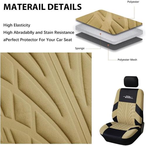 AUTOYOUTH Beige Seat Covers Front Seats Only, 3D Tyre Embossed Breathable Bucket Covers, Airbag Compatible, Quick Setup Universal Fit for Sedan, SUV, Truck, Van