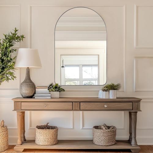 ANDY STAR Chrome Mirror, 22 x 35 Inch Arch Mirror in Stainless Steel Metal Frame, Chrome Arched Bathroom Mirror, Arch Top Rounded Corner 1 Inch Deep Set Design Wall Mount Hangs Vertical