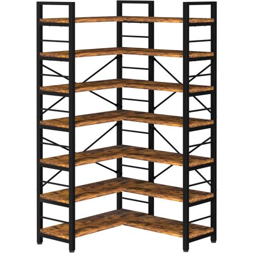 7-Tier Corner Bookshelf, Reversible Wooden Shelves, Industrial Bookcase with Open Shelves and Sturdy Metal Frame, Display Shelf Storage Rack for Living Room, Bedroom, Home Office (Rustic Brown)