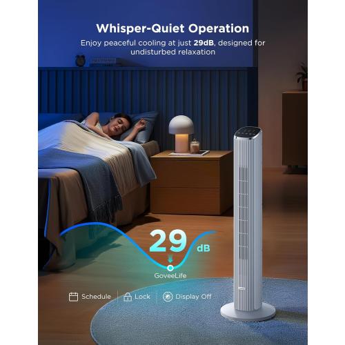 GoveeLife White Tower Fan for Bedroom, 36 Smart Floor Fan with App/Voice Control, Temperature Sensor, 5 Modes 8 Speeds(25ft/s), 29dB Quiet Oscillating Fan for Office, 24H Timer, Auto Cooling