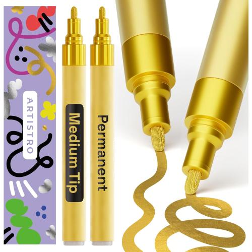 ARTISTRO 2 Gold Permanent Marker - Waterproof Markers for Tire, Fabric, Rocks, Glass, Ceramic, Wood, Paper - Oil Based Paint Pens - Medium Tip 3mm