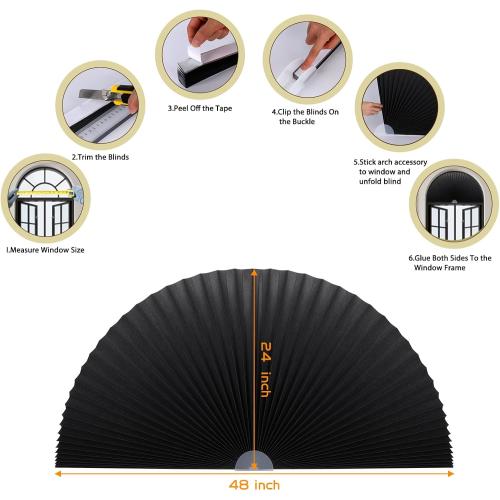 Arch Window Shade Half Circle Arched Stick on Cut to Size Half Moon Blinds | Non-Woven, Light Filtering, Radius 24 inch, Semi Circle, Half Round, Temporary Covering, Pleated Paper Blinds for Front Door