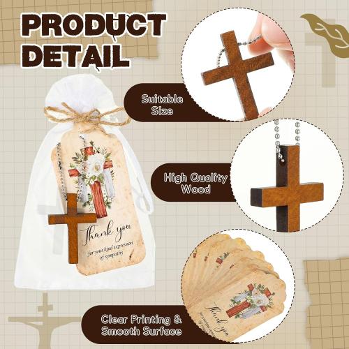 Tradder 100 Set Funeral Favor for a Memorial Service with 100 Wooden Cross Keychain Funeral Thank You Card Organza Bag Guest Sympathy Gift for Remembrance Bereavement Celebration of Life(Cross)