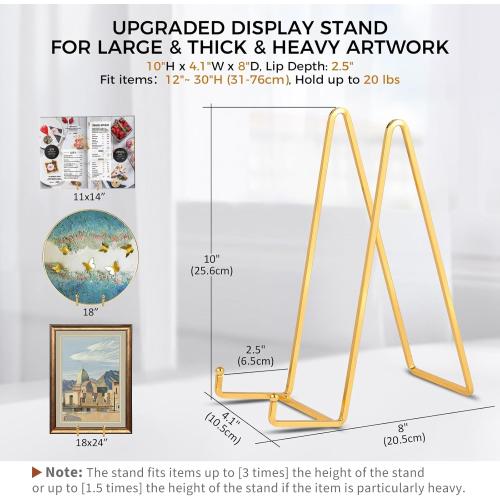 Large Plate Holder Display Stand - 10 inch Tall Plate Stands for Display - Metal Picture Frame Stand - Big Tabletop Easel Stand for Decorative Plates | Platter | Book | Plaque | Tile - 2 Pack - Gold