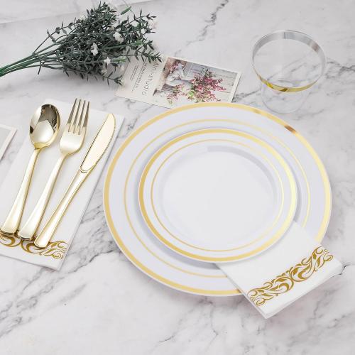 700 PCS Gold Dinnerware Set for 100 Guests, Plastic Dinnerware Set for Party, Include: 100 Gold Dinner Plates，100 Dessert Plates, 100 Plastic Silverware Set, 100 Cups, 100 Paper Napkins