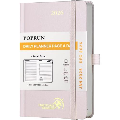 POPRUN 2026 Daily Planner One Page Per Day A6 Size Calendar (4.25 x 6.25) - 12 Months Hourly Appointment Book with Hardcover, Monthly Tabs, Pocket, Pen Holder - Light Pink