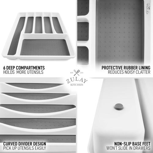 Zulay Kitchen Silverware Organizer Tray - 6-Compartment Non Slip Kitchen Utensil Organizer With Soft-Grip Interior Lining - Space Saving Utensil Drawer Organizer For Drawer & Silverware Holder