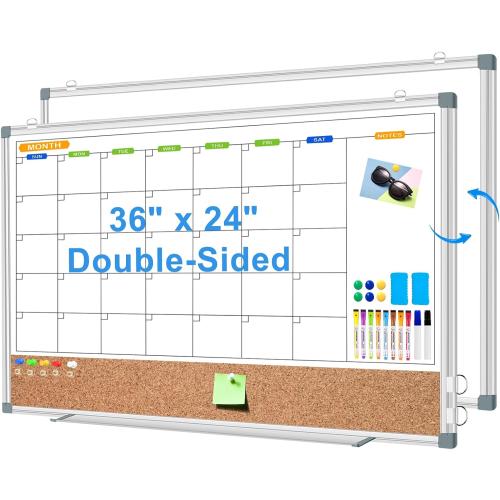 Monthly White Board Calendar Dry Erase Cork Board Combo for Wall, Double-Sided 36 x 24 Magnetic Calendar Whiteboard & Bulletin Board, Portable Dry Erase Board for Home, Office, School
