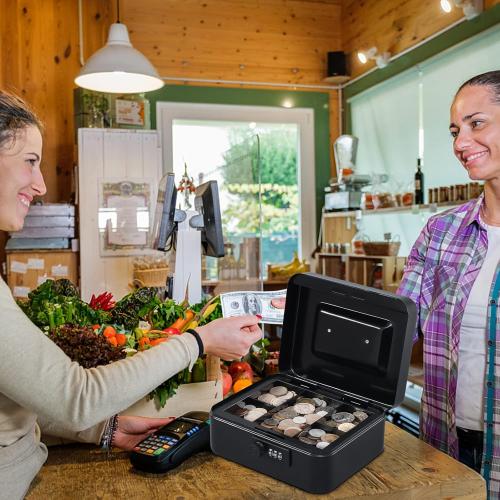 KYODOLED Cash Box with Combination Lock Safe Metal Money Box with Money Tray for Security Lock Box 7.87x 6.30x 3.35 Black