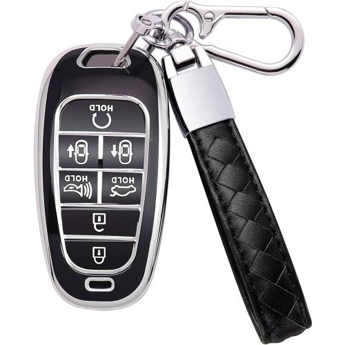for Hyundai Key Fob Cover 7 Button with Leather Keychain Soft TPU 360 Degree Protection Car Key Case Shell Holder Fits for 2023 2022 2021 2020 Hyundai Sonata Santa fe Tucson, Black