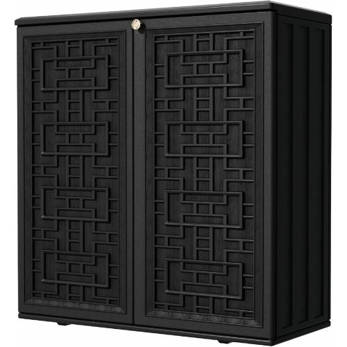 Size 34.3x15x36.2 Color Black Outdoor Storage Cabinet Waterproof with Shelf,Resin Storage Sheds Outdoor Cabinets for tub towels/chemicals/grill items/Patio/Garden/Backyard, Size 34.3''L*15''W*36.2''H（Black）