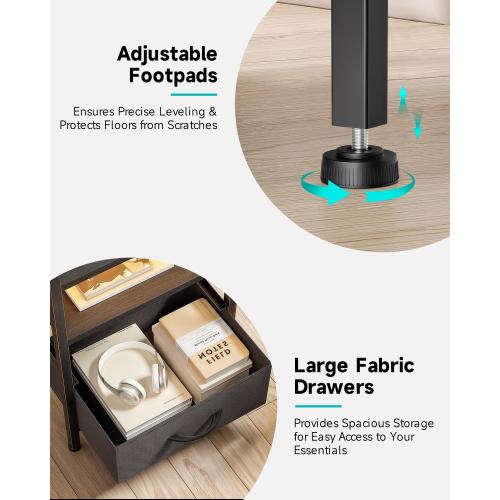Night Stand Bedside Charger Bedroom - Nightstand with Charging Station & LED Light Strip, Night Stand with Storage Shelf & 2 Fabric Drawers, Morden End Table with U-S-B Ports & AC Outlets