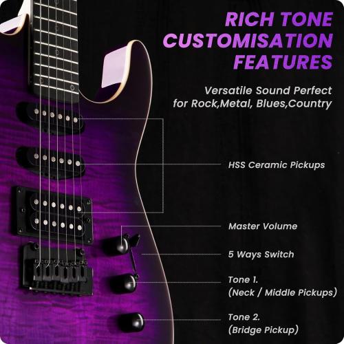 39 Solid Body Electric Guitar: Electric Guitar Kit with Bone Nut, Full Size 6 String Guitars with 24 Frets 10 Pack Guitar Picks (Purple)