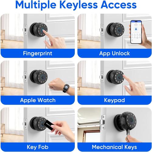 Smart Door Knob Fingerprint Door Lock with Keypad, Keyless Entry Deadbolt for Front Door, Smart Auto Lock Deadbolt with Phone/Watch App Control, Biometric Fingerprint Gate Knob with 6 Ways to Unlock