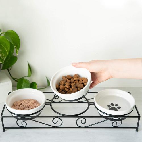 Navaris Ceramic Pet Bowl Set - Small Dogs, Puppies, and Cat Food Bowl with Non-Slip Retro Metal Stand - Dog or Cat Bowls for Indoor Cats and Dogs - Set of Bowls, 10.8 oz Each