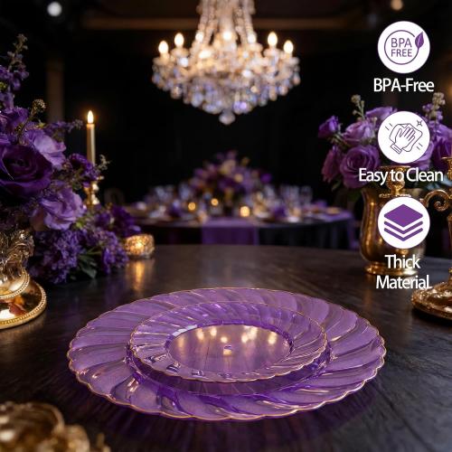 YOUBET 125PCS Purple Plastic Dinnerware Set - Gold and Clear Purple Disposable Plates Include 50 Plastic Plates 75 Silverwares for Wedding Birthday Parties & Party