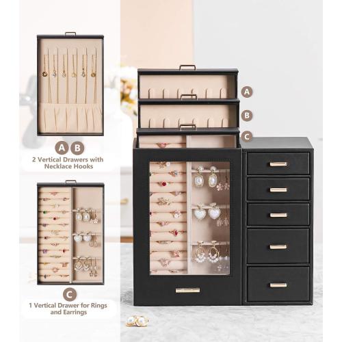 Homde Large Jewelry Box/Organizer/Case with Glass Window, Drawers for Necklaces Earrings Rings Bracelets Watches Gift for Women Girls
