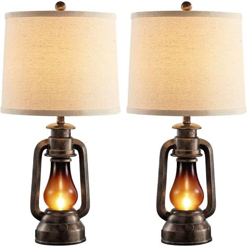 Farmhouse Rustic Table Lamps for Bedroom Set of 2, Vintage Lantern Lamp with Dual USB Charging Ports,25 Retro Antique Bedside Nightstand Desk Lamp for Living Room End Table Entryway, 4 Bulb Included