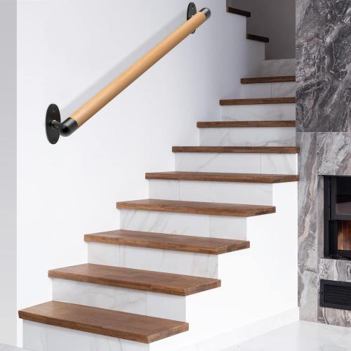 SELEWARE 26 Inch Wood Handrail Indoor Stairs Handrail Wall Mount Handrail w/Sturdy Metal Barckets, Barrier-Free Staircase Grab Bar for Elderly, 1.3 Inch Round