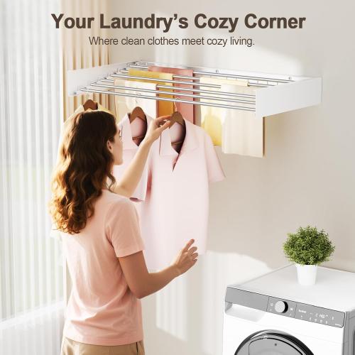 Wall Mounted Clothes Drying Rack Folding Indoor, Foldable Laundry Drying Rack Collapsible,Invisible, Space Saving, Retractable Towel Drying Rack, with Wall Template(6 Drying Rods, White 40)
