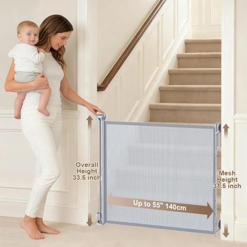 SPACEANY Retractable Baby Gate for Stairs & Doorways - 55 Wide Portable Safety Gate | Fits Baseboards, Easy to Use Indoor/Outdoor | Mesh Gate for Dogs, Puppies, Gray