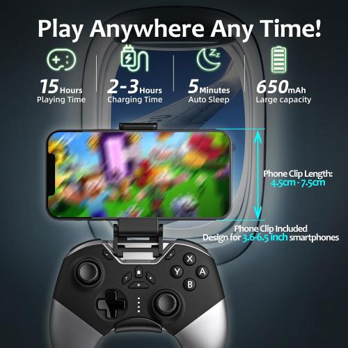 Bluetooth Controller for Switch/PC/iPhone/Android/Apple Arcade MFi Games/TV/Steam, Hall Effect Joysticks Wireless Game Controller Gamepad with/Phone Clip/Lock Speed/Macro/6-Axis Gyro/Dual Motors/Turbo