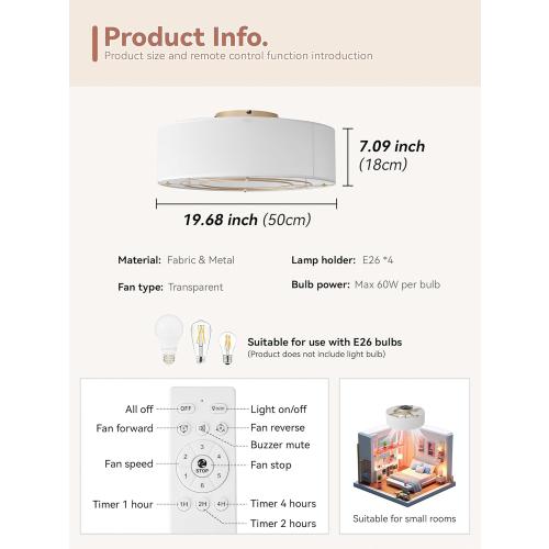 Low Profile Ceiling Fans with Lights, 20 Boho Rattan Ceiling Fan with Light Flush Mount and Remote Control, Drum Caged with 6 Speeds for Bedroom, Nursery, Living Room