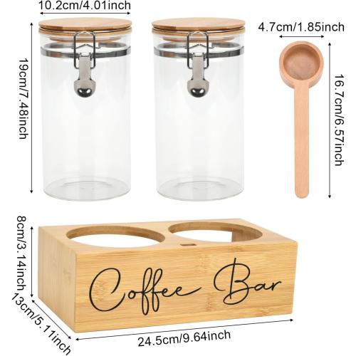 Glass Coffee Canister Set with Bamboo Shelf & Spoon - 2 Airtight Containers (47oz Each) for Coffee Beans, Ground Coffee, Sugar, Flour - Borosilicate Glass & Bamboo Lid with Silicone Seal