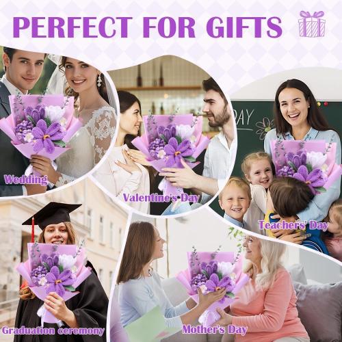 Crochet Flower Bouquet: Crochet Tulips Bouquet Handmade Knitted Flowers with Teachers' Day Wedding Birthday Employee Appreciation Mother's Day Decoration (Purple)