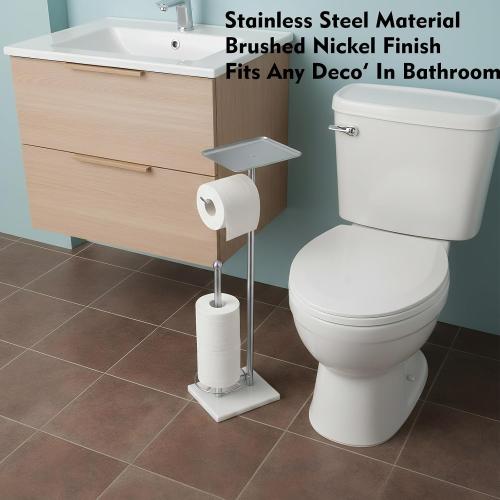 Toilet Paper Holder with Shelf, Free Standing Toilet Paper Holder with Storage - Toilet Paper Stand for Holding Extra 3 Rolls, Tissue Holder for Bathroom (Brushed Nickel with Marble Base)