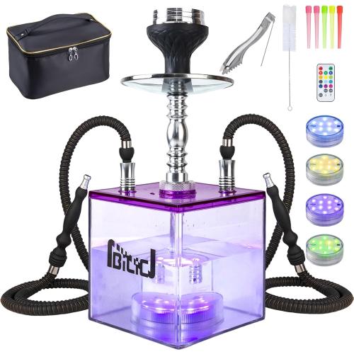 Acrylic Cube 2 Hose Shisha Large Hookah Set with Everything Included, Large Cloud Performance LED Light Hookah Machine, Perfect for Parties & Travel (Purple)