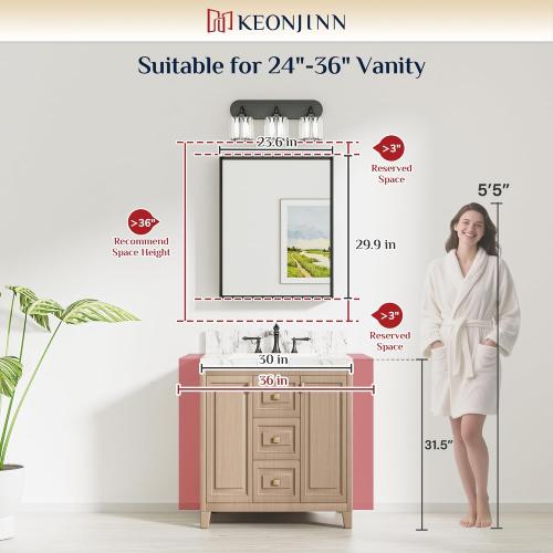 Keonjinn 24 x 30 Inch Brushed Nickel Bathroom Mirrors for Over Sink, Beveled Rectangle Framed Mirrors for Wall, Farmhouse Bathroom Vanity Mirror, Tempered Glass, Square Corner