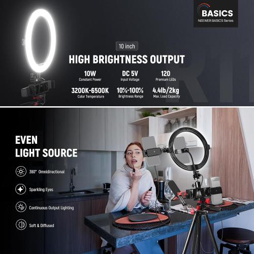 NEEWER Basics 10 Selfie Ring Light with Tripod Stand/3 Phone Holders Compatible with iPhone/3 Cold Shoes/Remote, LED Ringlight Lighting for YouTube TikTok Vlog Video Recording Makeup Streaming, R11