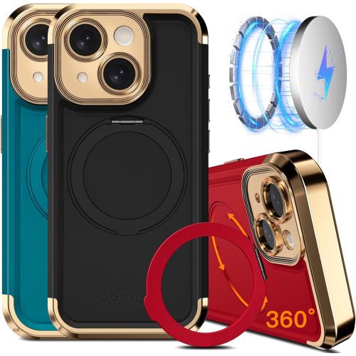 COOLQO for iPhone 15 Case 6.1'' Upgraded 360° Spin Magnetic Stand [Compatible with Magsafe][Military Protection] Plating Matte Scratch-Resistant Back Protective Shockproof Phone Case, Black Gold