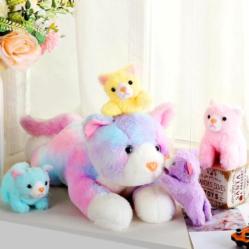 Skylety 5 Pieces Cat Stuffed Animal with Babies Inside Belly Pregnant Cat Plush Mommy Kitty with 4 Cute Fluffy Stuffed Kittens Easter Birthday Surprise Gifts(Colorful)