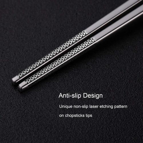 Metal Chopsticks Reusable 316 Stainless Steel Chopsticks Multipack Dishwasher Safe Chop Sticks Square Fancy Laser Engraved Non-slip Korean Chopstick for Cooking Eating 9.45 Inches 5 Pairs Gift Set